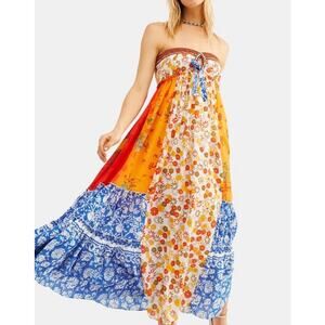 Free People Golden Dreams Maxi Dress Boho Floral Patchwork Strapless Tiered M